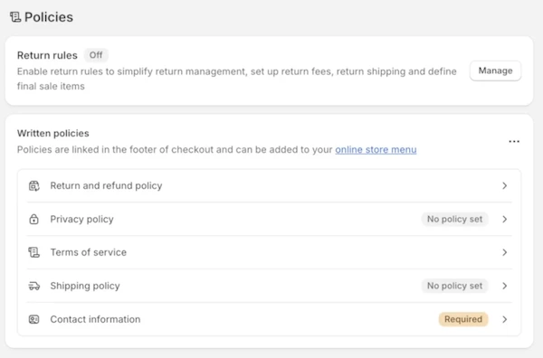 Setup Shopify Store policies when you are setting up your Shopify store